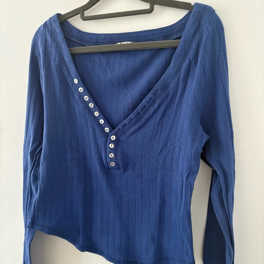 Free People Coffee Chat Pointelle Long Sleeve Cotton Top In Moonlit Ocean Size L